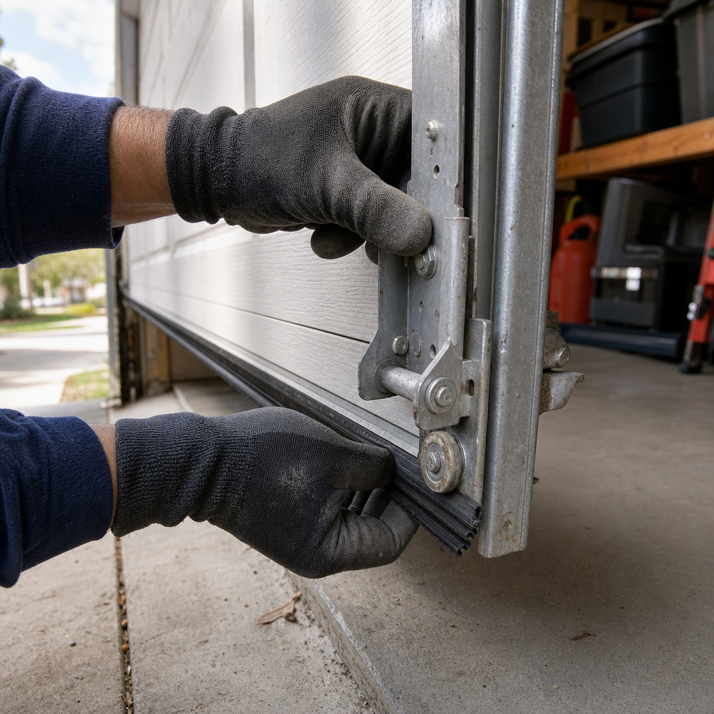 Technician replacing garage door bottom weather seal during emergency repair in Irondale, GA