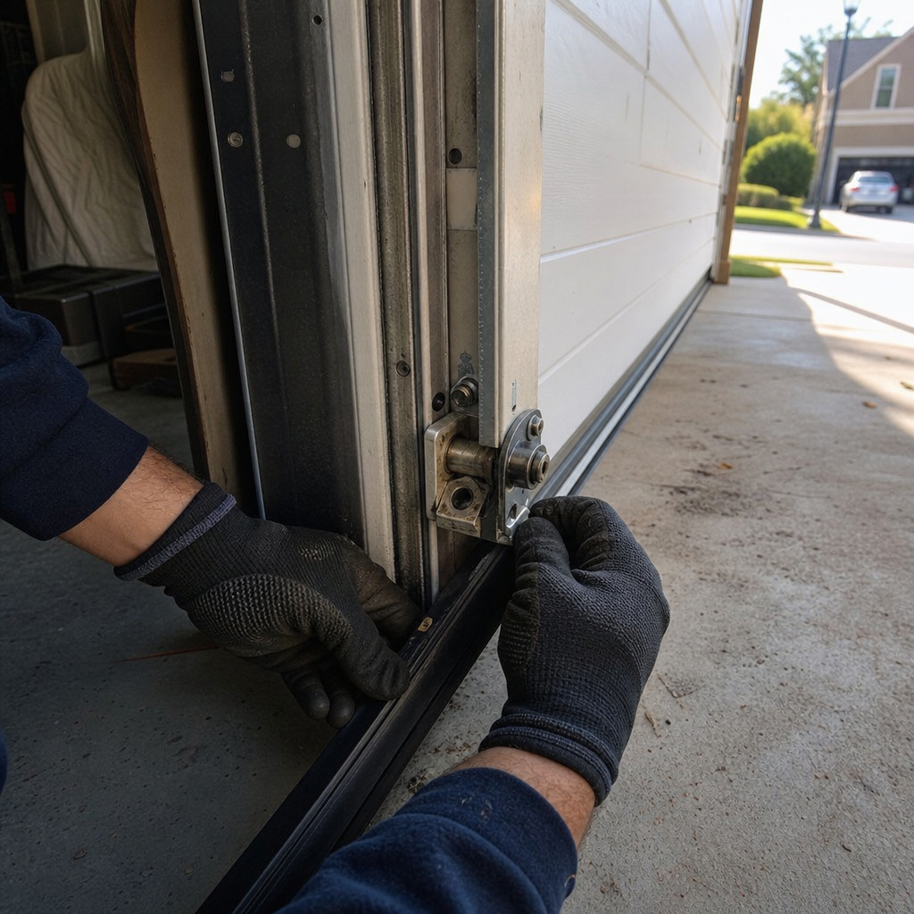 Technician performing emergency garage door track and hardware repair in North Augusta, GA