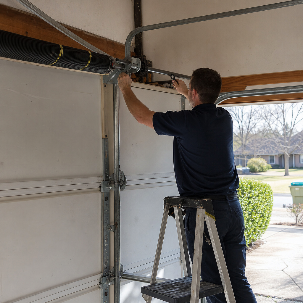 Professional technician performing emergency garage door spring repair in Cumming, GA