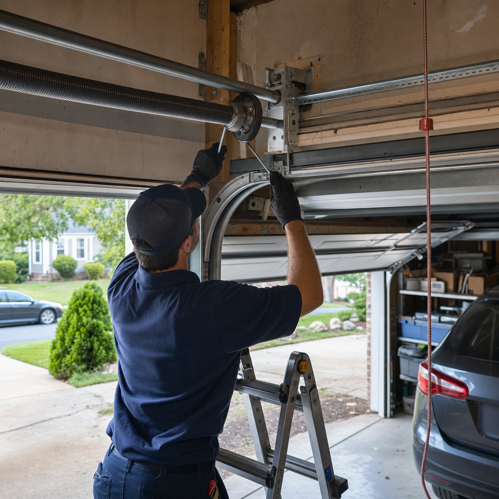 Technician performing professional garage door spring repair and maintenance in Georgia, GA