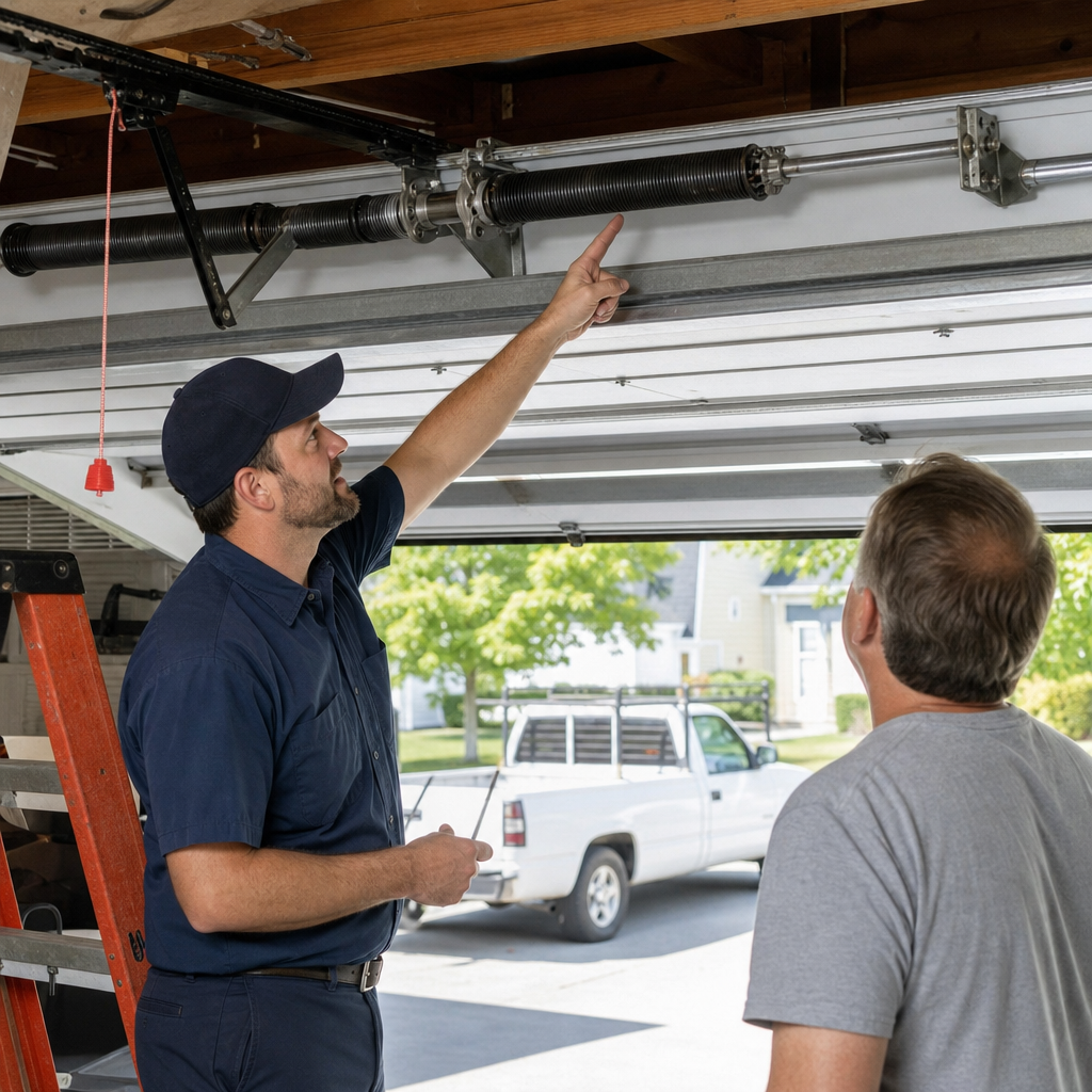 Technician pointing out garage door torsion spring repair to a customer in Georgia, GA