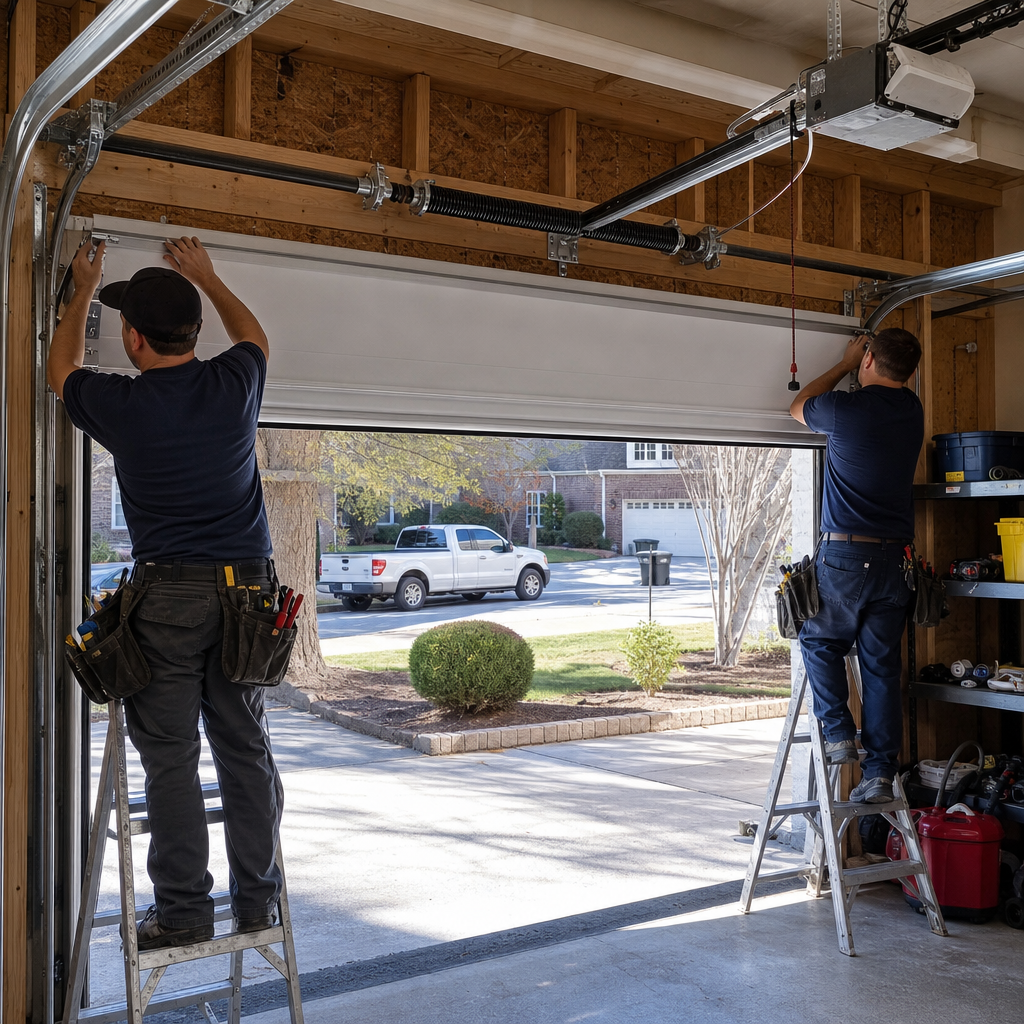 Two technicians professionally installing a new white residential garage door. in Alpharetta, GA