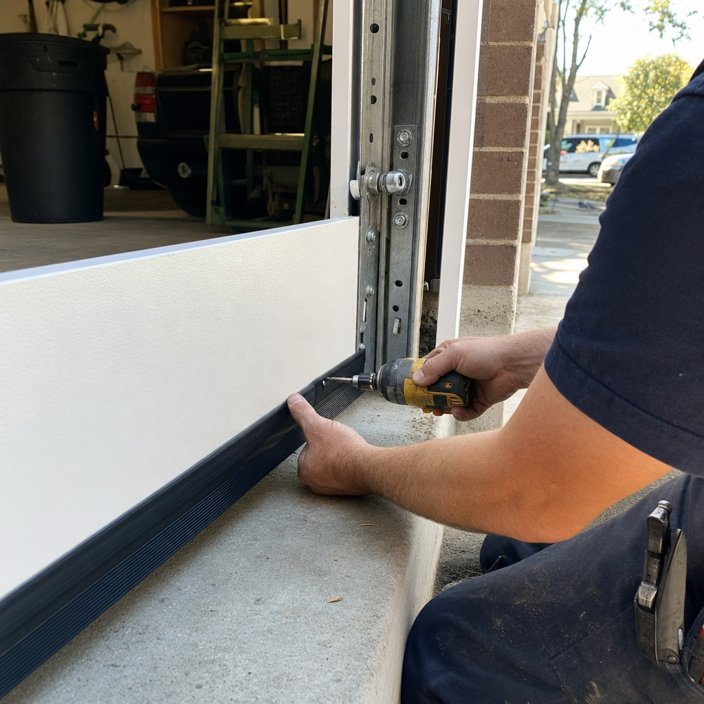 Technician installing a garage door bottom weather seal in Stonecrest, GA