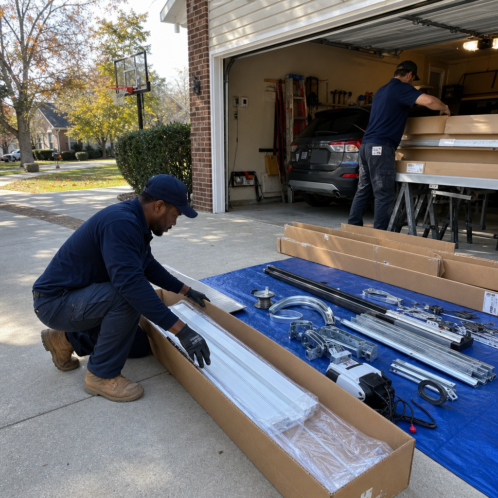 Two technicians professionally installing a new residential garage door system in Riverdale, GA