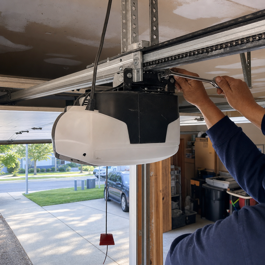 Technician performing professional maintenance on a garage door opener motor in Vinings, GA