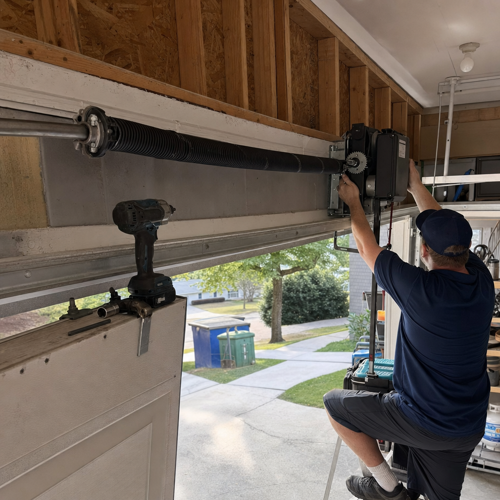 Technician performing professional garage door opener installation and maintenance in Conyers, GA