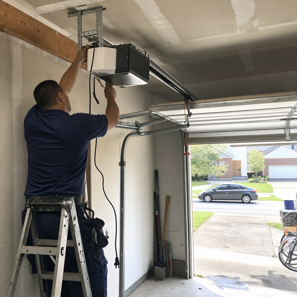 Technician performing professional garage door opener installation and wiring in Lanett, GA