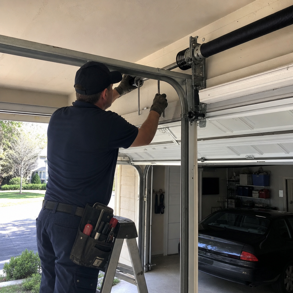 Technician performing professional garage door parts maintenance and repair in Evans, GA