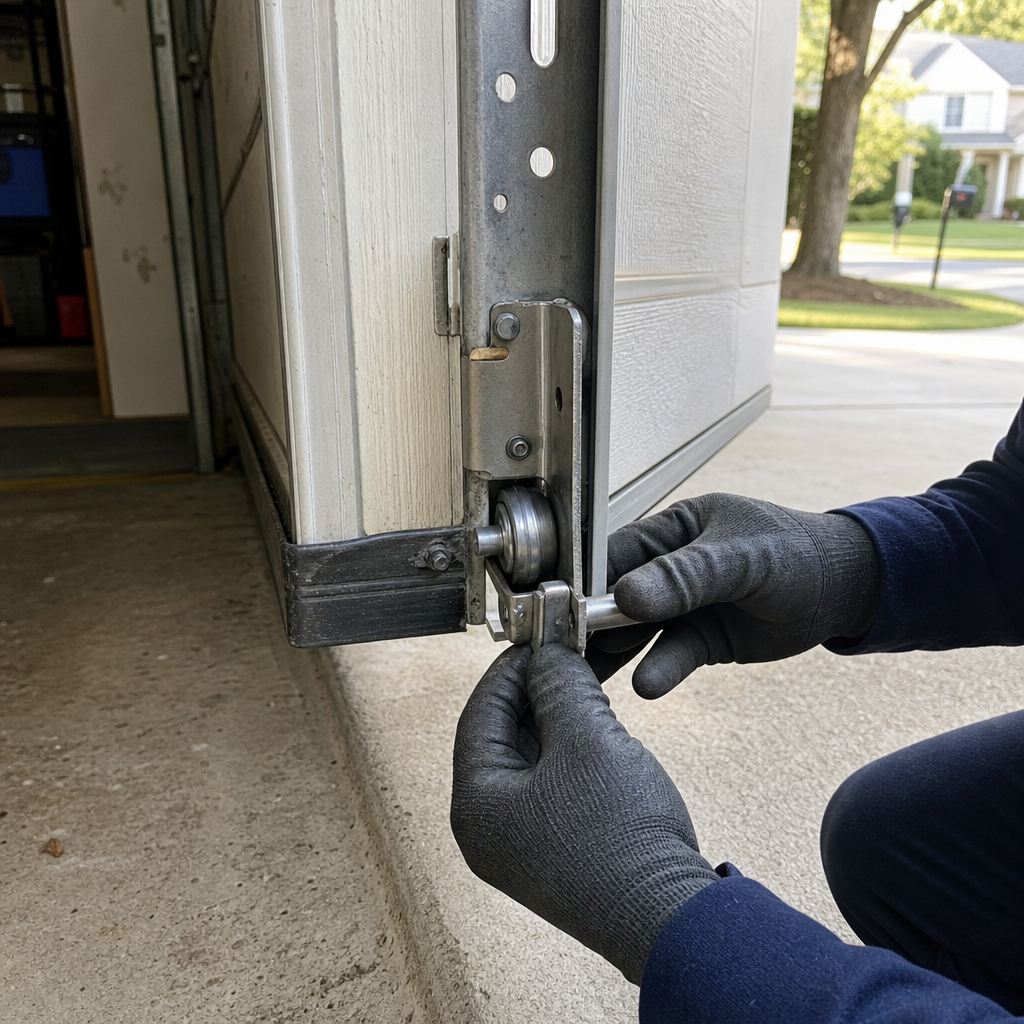 Technician performing professional garage door roller repair and maintenance in Austell, GA