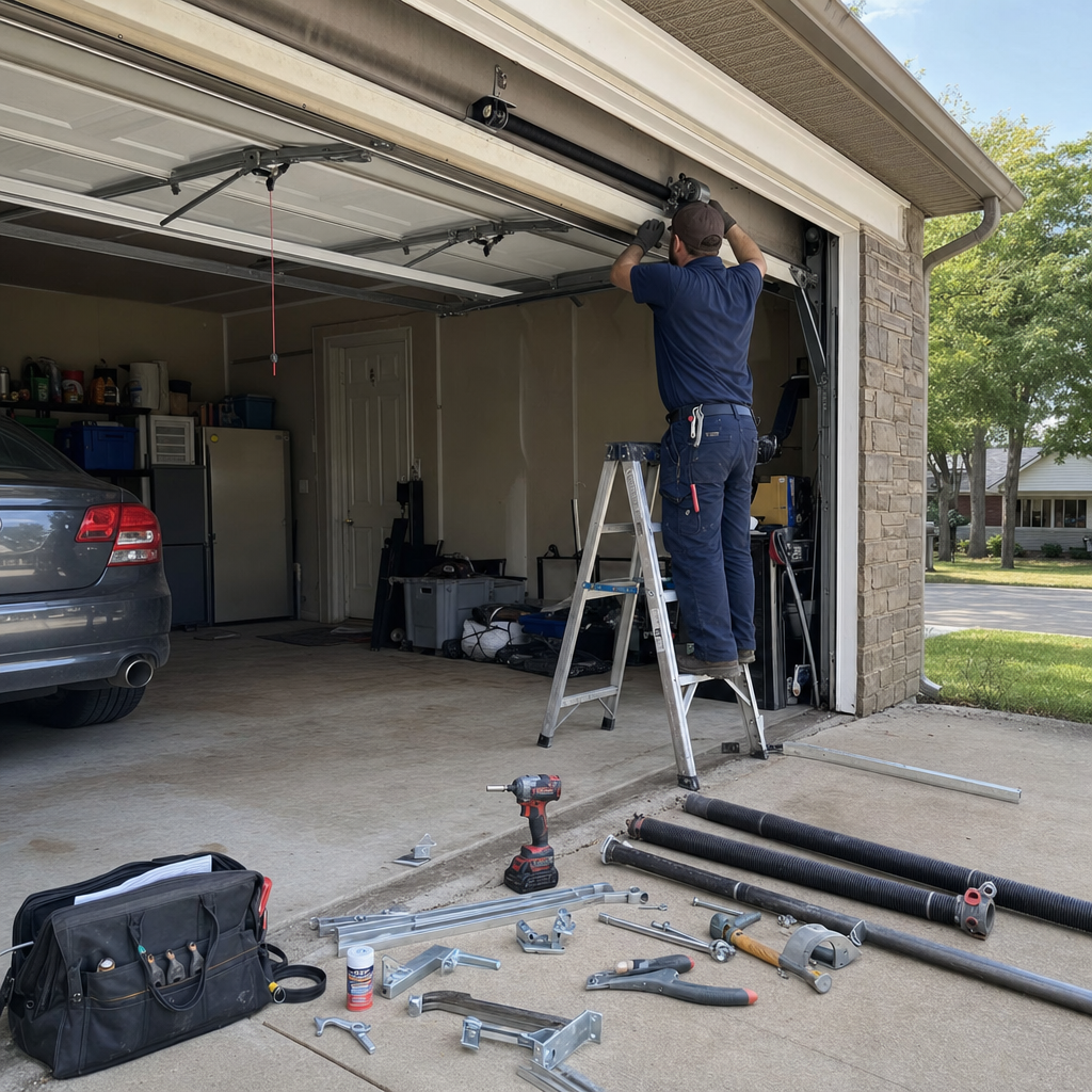 Technician performing professional garage door repair and parts maintenance in Roswell, GA