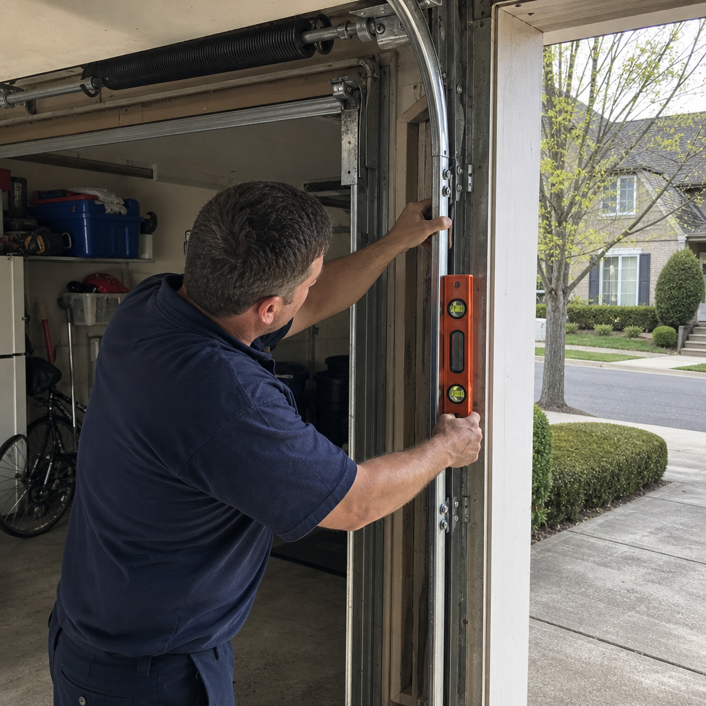 Technician using a level to repair a garage door track in Cusseta, GA