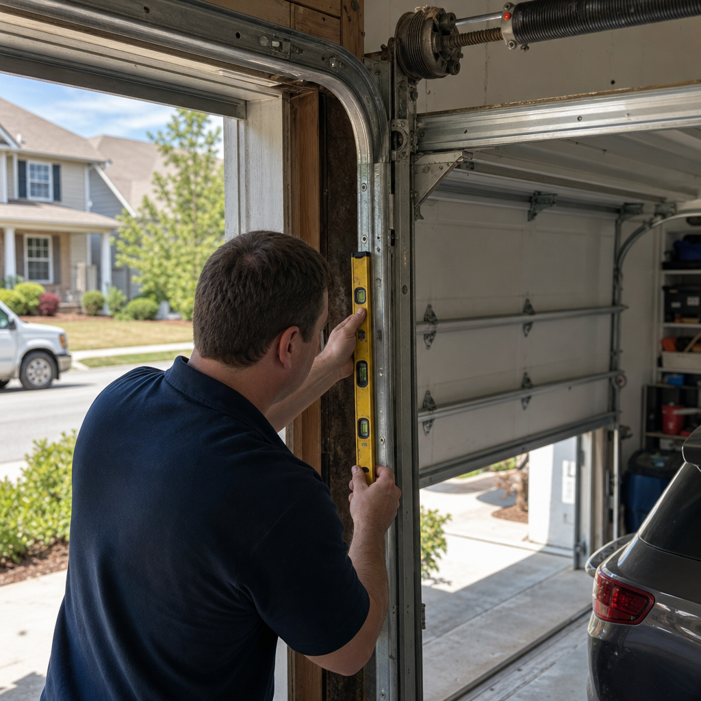 Technician checking garage door track alignment with a level in Smiths Station, GA
