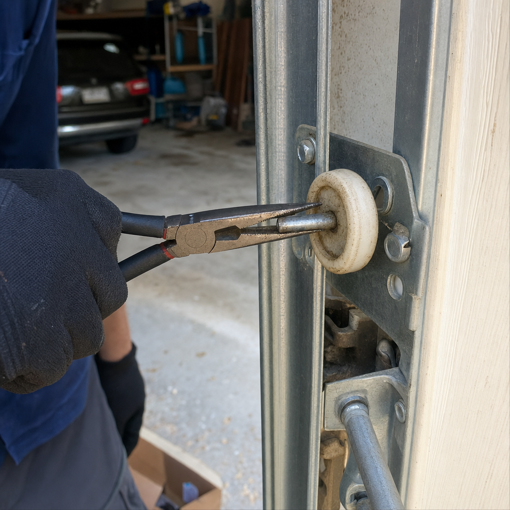 Technician using pliers to repair garage door roller mechanism in Cartersville, GA